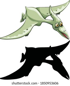 Set of dinosaur cartoon character and its silhouette on white background illustration