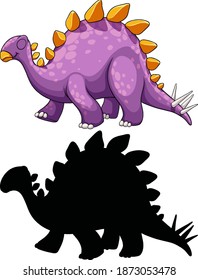 Set of dinosaur cartoon character and its silhouette on white background illustration