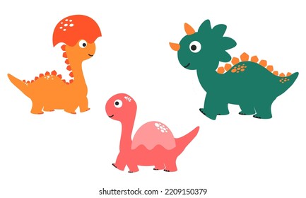 Set of dinosaur cartoons isolated on white background vector illustration. Cute childish print.