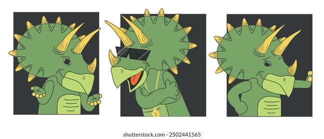 Conjunto de personajes de dinosaurio en estilo de dibujos animados. Ilustración vectorial de dinosaurio triceratops con diferentes emociones y poses: amable, fresco, con gafas y cadena de oro, lindo aislado sobre fondo blanco.