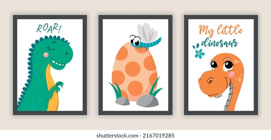 Set of dinosaur covers. Graphic elements for website with prehistoric and fictional characters. Animals BC, cards for childrens. Cartoon flat vector illustrations isolated on grey background