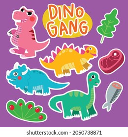 Set of Dinosaur Cute Character isolate on purple background. Cute Dinosaur stickers element.