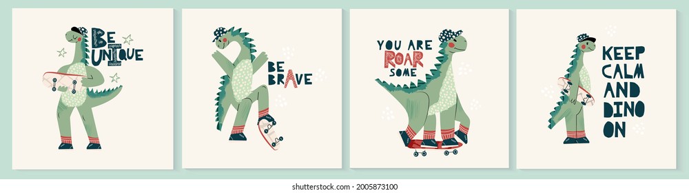 Juego de tarjetas Dino de dinosaurios. Tarjeta infantil o afiche con un lindo personaje de dino de bebé con patineta. Frase divertida, cita escrita. Colección de dinosaurios de estilo escandinavo aislados en fondo blanco