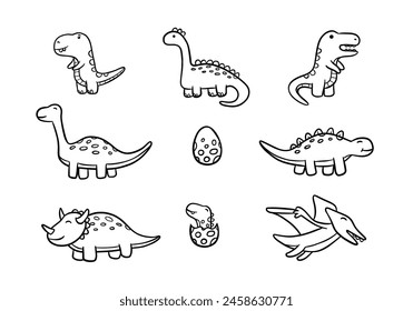 set dinosaur doodle line art vector illustration cartoon for kids