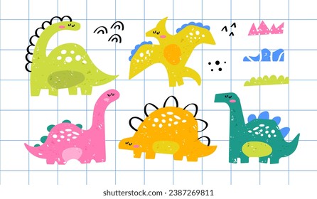 Set of dinosaur doodles with texture. Isolated decorative elements on white background
