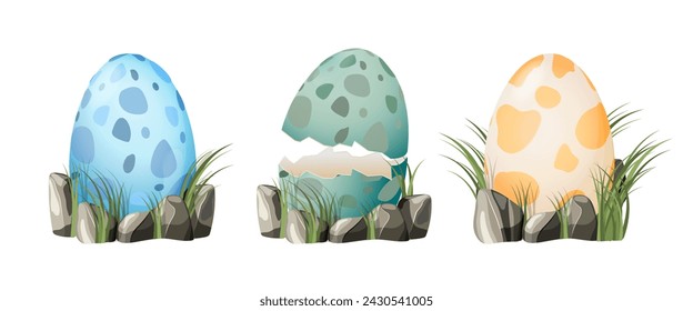 Set of dinosaur dragon eggs with spotted patterns. Egg shells and whole eggs in nest and grass. Dino eggs in cartoon style.