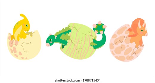 Set Dinosaur egg. Cute prehistoric animal. Little dinosaur's birthday. Bright children's print. Vector illustration on a white background
