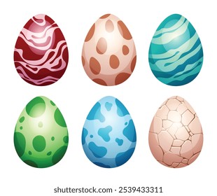 Set of dinosaur eggs with different colors and patterns. Vector cartoon illustration