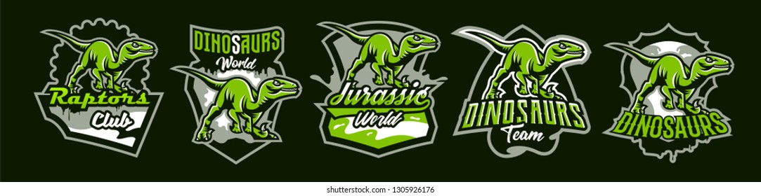 Set of dinosaur emblems. Sports logos dino. A colorful collection of reptiles, extinct predators. Vector illustration