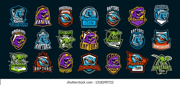 Set of dinosaur emblems. Sports logos dino. A colorful collection of reptiles, extinct predators. Vector illustration