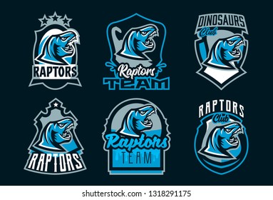 Set of dinosaur emblems. Sports logos dino. A colorful collection of reptiles, extinct predators. Vector illustration