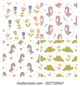Set of dinosaur and floral patterns. Vector illustration.