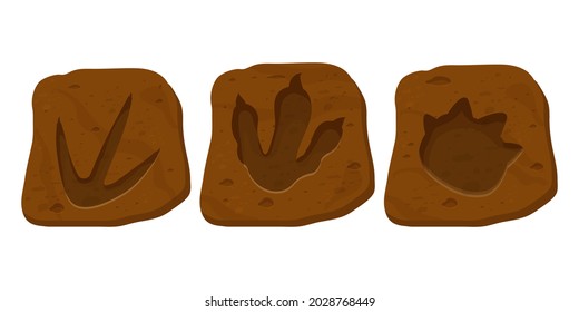 Set dinosaur fossil, paw print, reptile foot trail in cartoon style isolated on white background. Archaeological and paleontology finds. 