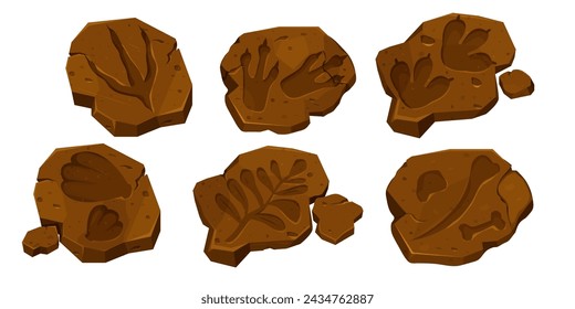 Set dinosaur fossil, paw print, reptile foot trail in cartoon style isolated on white background. Archaeological and paleontology finds.