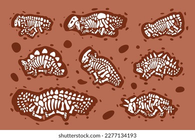 Set of dinosaur fossils bones. Triceratops, Tyrannosaurus, Kentrosaurus, Brahiosaurus, Velociraptor, Stegosaurus, Parasaurolophus. Dinosaur bones.