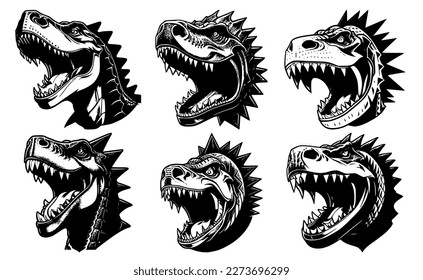 Set of dinosaur heads with open mouth and bared fangs, with different angry expressions of the muzzle. Symbols for tattoo, emblem or logo, isolated on a white background.