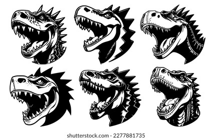 Set of dinosaur heads with open mouth and bared fangs, with different angry expressions of the muzzle. Symbols for tattoo, emblem or logo, isolated on a white background.
