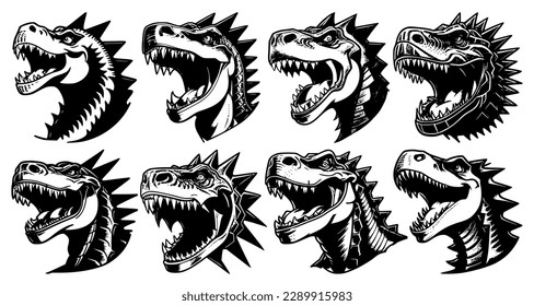 Set of dinosaur heads with open mouth and bared fangs, with different angry expressions of the muzzle. Symbols for tattoo, emblem or logo, isolated on a white background.