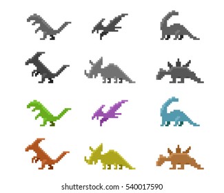 Set of dinosaur icons in color pixel style, vector