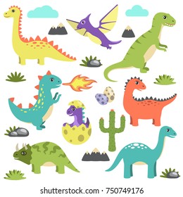 Set of dinosaur icons representing clouds, stones and grass with prehistoric animals of different types, vector illustration isolated on white
