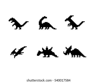 Set of dinosaur icons in silhouette pixel style