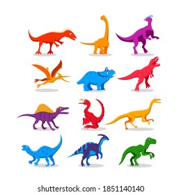 Set of dinosaur illustration.Coloful isolated icons set of different types of dinosaurs in cartoon style.