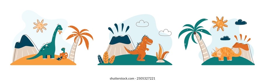 Set of dinosaur illustrations. Dinosaur landscapes. Flat style pictures for kids. Green and orange shades. Vector illustration.