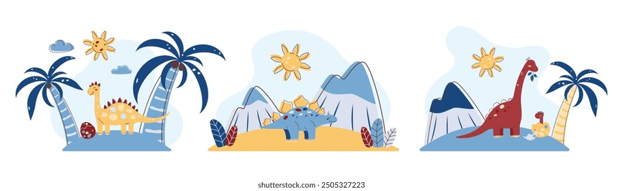 Conjunto de ilustraciones de dinosaurios. Paisajes de dinosaurios. Fotos de estilo plano para niños. Tonos azules y amarillos. Ilustración vectorial.