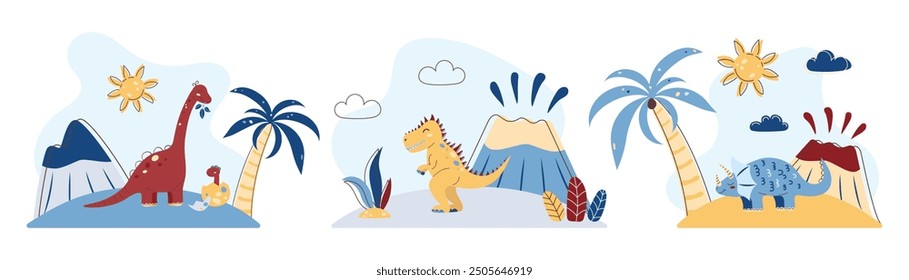 Set of dinosaur illustrations. Dinosaur landscapes. Flat style pictures for kids. Blue and yellow shades. Vector illustration.