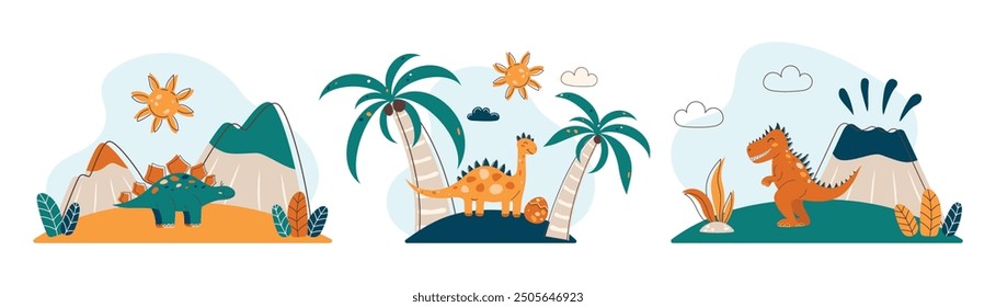 Set of dinosaur illustrations. Dinosaur landscapes. Flat style pictures for kids. Green and orange shades. Vector illustration.