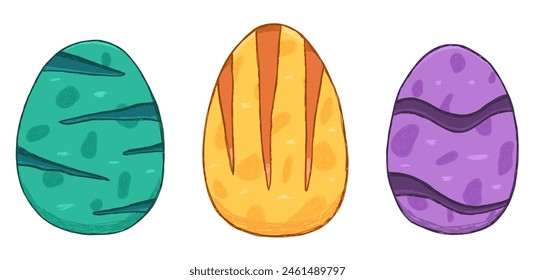 Set with dinosaur magic eggs in hand drawn doodle style