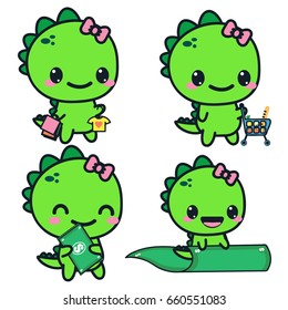 Set with a dinosaur. A dinosaur with money, shopping. Vector flat illustration
