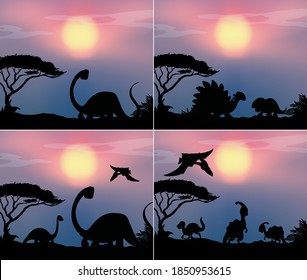 Set dinosaur in nature background illustration