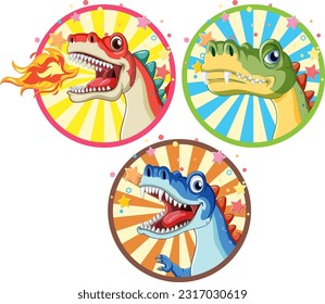 Set of dinosaur on circle comic sticker template illustration