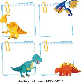 Set of dinosaur on note template illustration