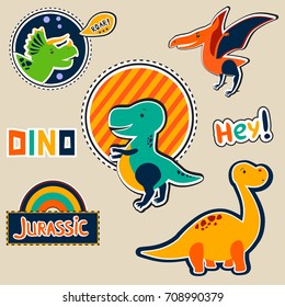 Set Of Dinosaur Patches. Funny Stickers For Kids