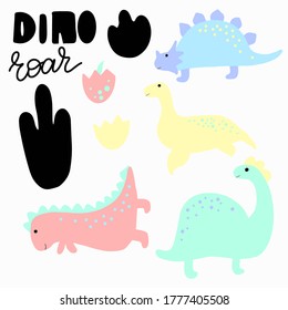 Set of dinosaur related elements. Four dinosaurs, t-rex, brontosaurus, dino and roar hand lettering. Dino eggs. Isolated children cartoon doodle style elements on white background. Bright concept art