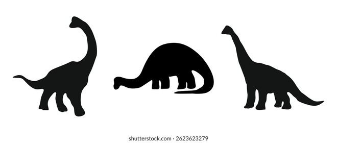Set of dinosaur silhouettes, brontosaurus in different poses. Black outline vector illustrations idolated on white background