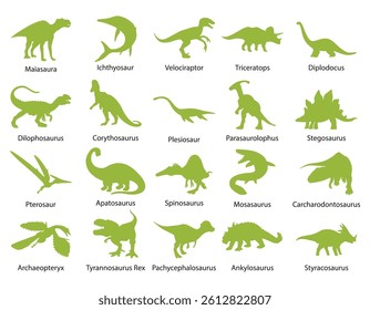 Set of dinosaur silhouettes isolated on white background. Dinosaurs bundle