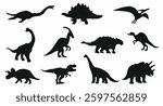A set of dinosaur silhouettes are shown in various poses, including a T Rex and a Stegosaurus