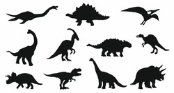 A set of dinosaur silhouettes are shown in various poses, including a T Rex and a Stegosaurus