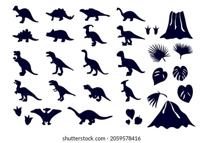 Set of dinosaur silhouettes, volcano, tropical leaves, footprint. Vector illustration. Template of t shirt print, graphic element svg