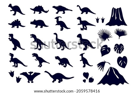 Set of dinosaur silhouettes, volcano, tropical leaves, footprint. Vector illustration. Template of t shirt print, graphic element [[stock_photo]] © 