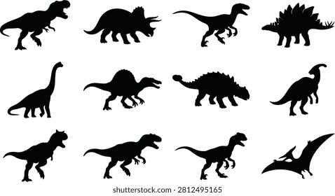 Set of dinosaur silhouettes in walking, running, roaring, and hunting poses.