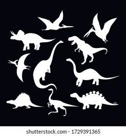 Set of dinosaur silhouettes, white on a black background, vector illustration