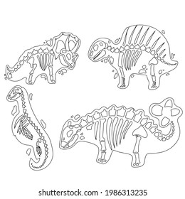  Set Dinosaur skeleton in cartoon style. The bones of a prehistoric animal. Archeology. Black and white Vector illustration isolated on white background.