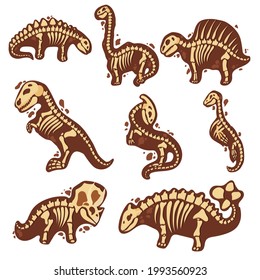 Set Dinosaur Skeleton In Cartoon Style. The Bones Of A Prehistoric Animal Underground. Archeology. Vector Illustration Isolated On White Background.