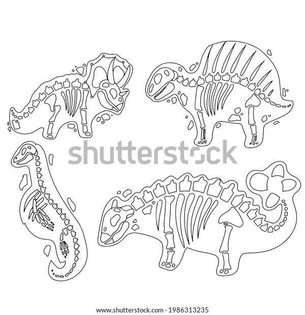 恐竜のスケルトンをカートーンのスタイルで設定します 先史時代の動物の骨 考古学 白い背景に白黒のベクターイラスト のベクター画像素材 ロイヤリティ フリー