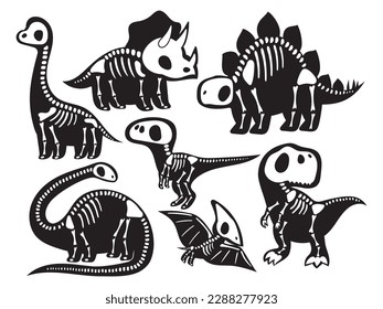 Set of dinosaur skeletons. Collection of silhouettes of bones of prehistoric creatures. Dinosaur paw prints silhouettes set. Vector illustration for museums. Drawing with children.