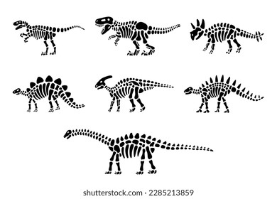 Set of dinosaur skeletons. Triceratops, Tyrannosaurus, Kentrosaurus, Brahiosaurus, Velociraptor, Stegosaurus, Parasaurolophus. Dinosaurs bones